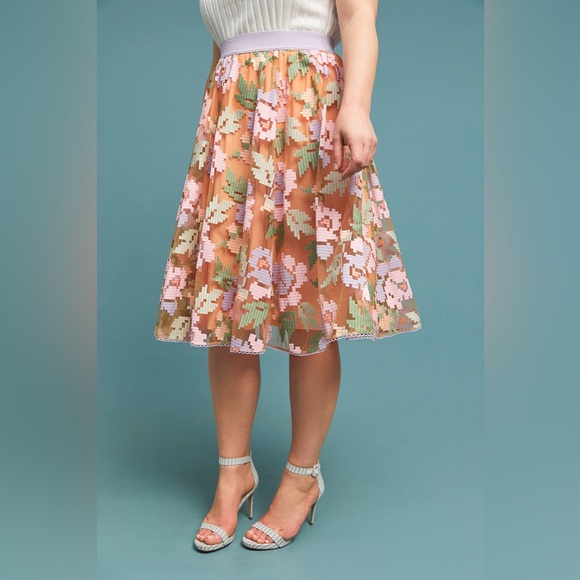 Anthropologie Dresses & Skirts - Anthropologie Maeve Pixelated Embroidered Pink and Orange Midi Skirt